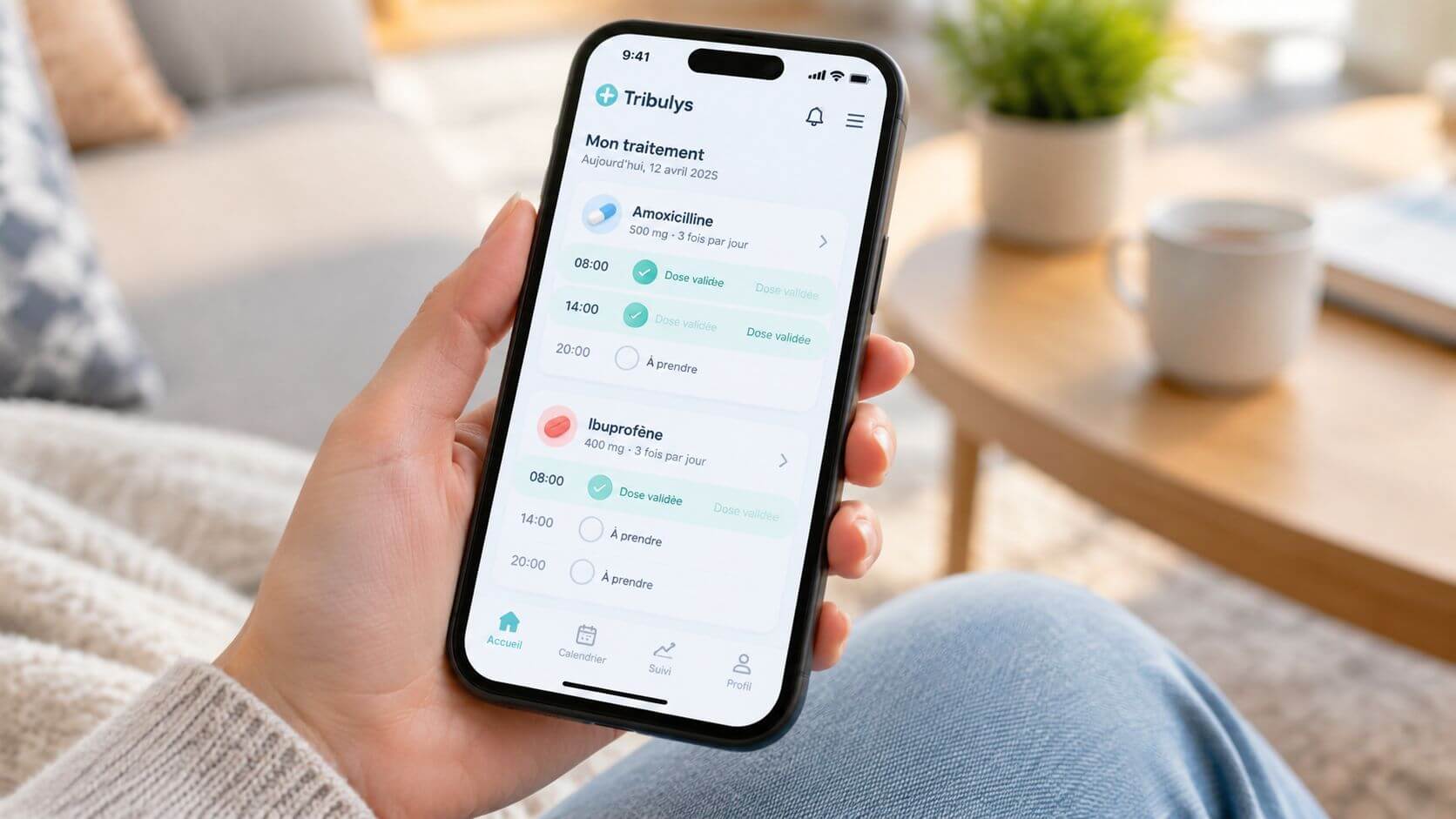 A hand holding a smartphone displaying a medical treatment follow-up application named Tribulys in French.