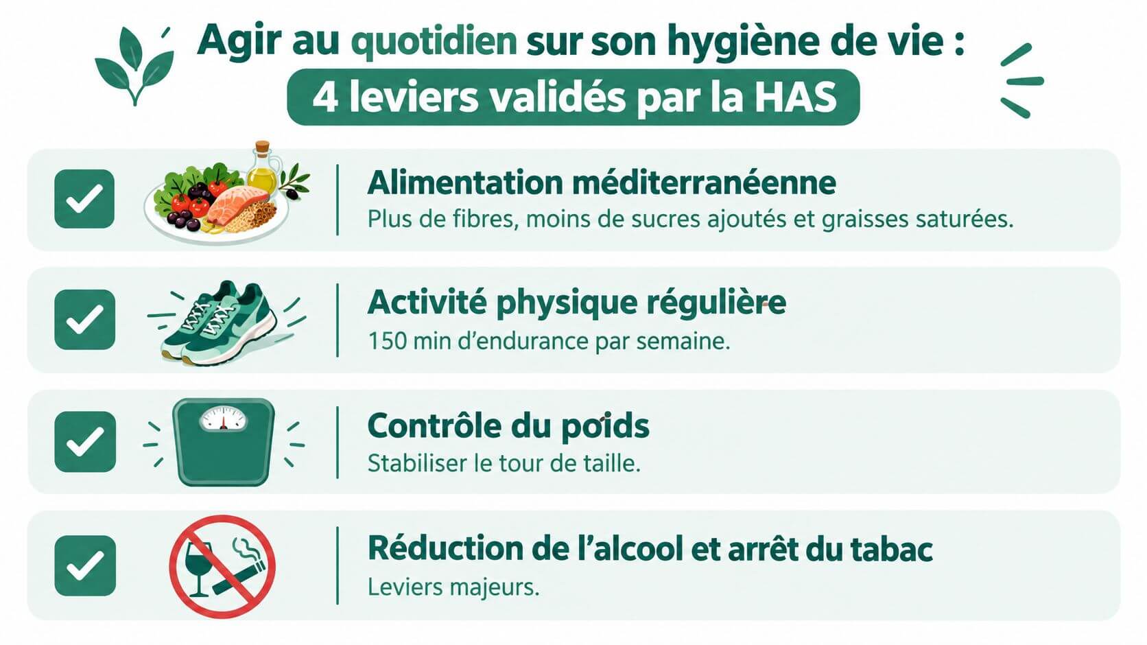 Infographic illustrating four health tips validated by the HAS for improved daily hygiene.