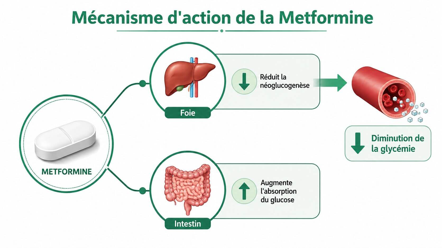 Diagram illustrating the mechanism of action of metformin on the liver and intestine to reduce blood glucose.