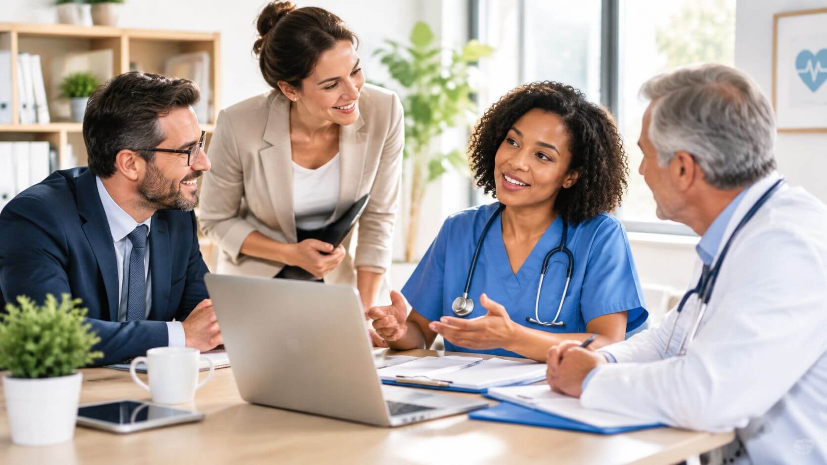 A meeting of health professionals and administrators discussing around a laptop in a modern office.