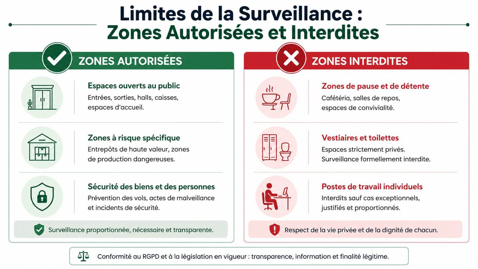 Infographic showing the zones authorized and prohibited for video surveillance at work in accordance with French regulations.