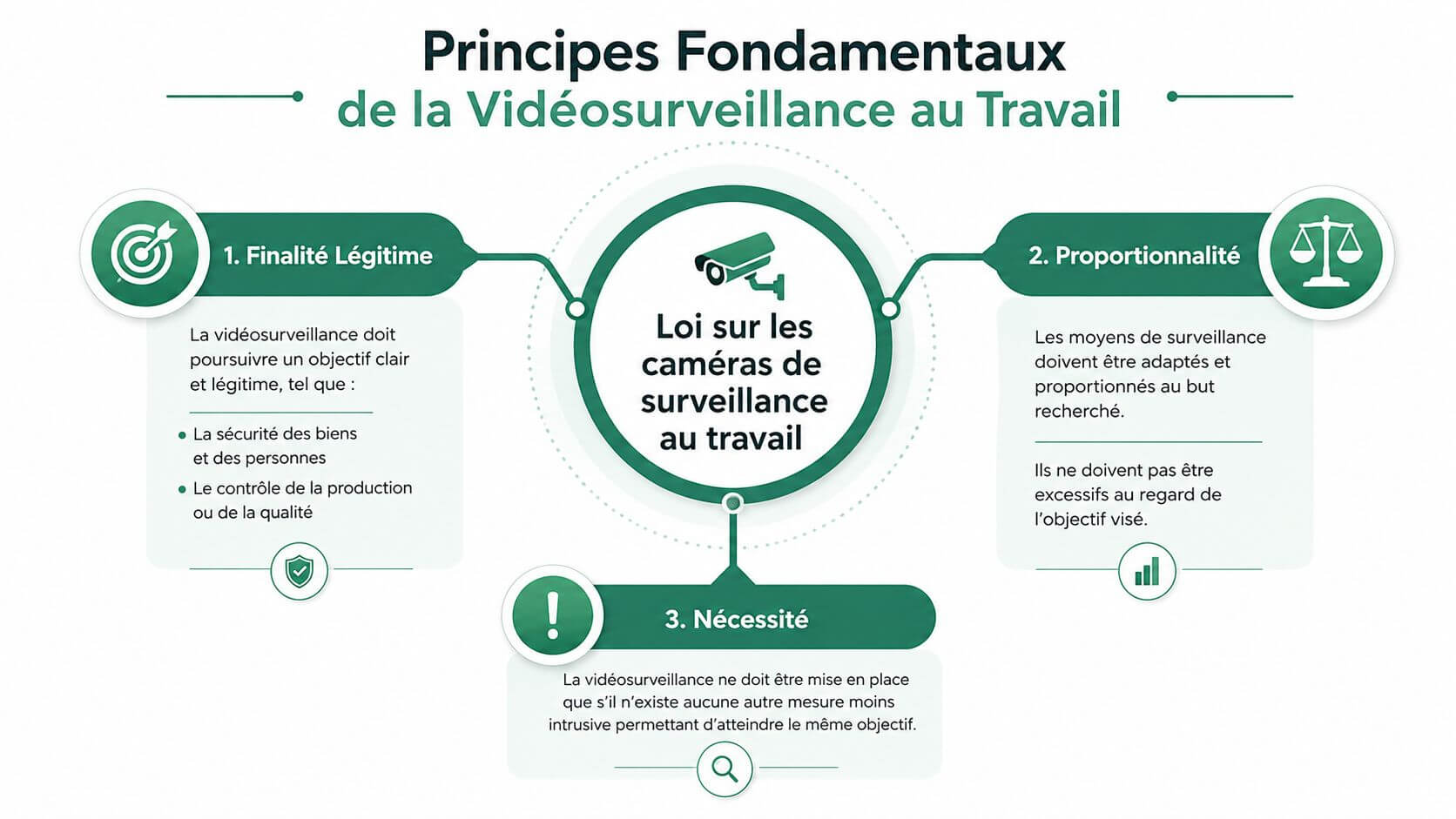 Infographic presenting the three fundamental principles of the law on video surveillance at work in France.