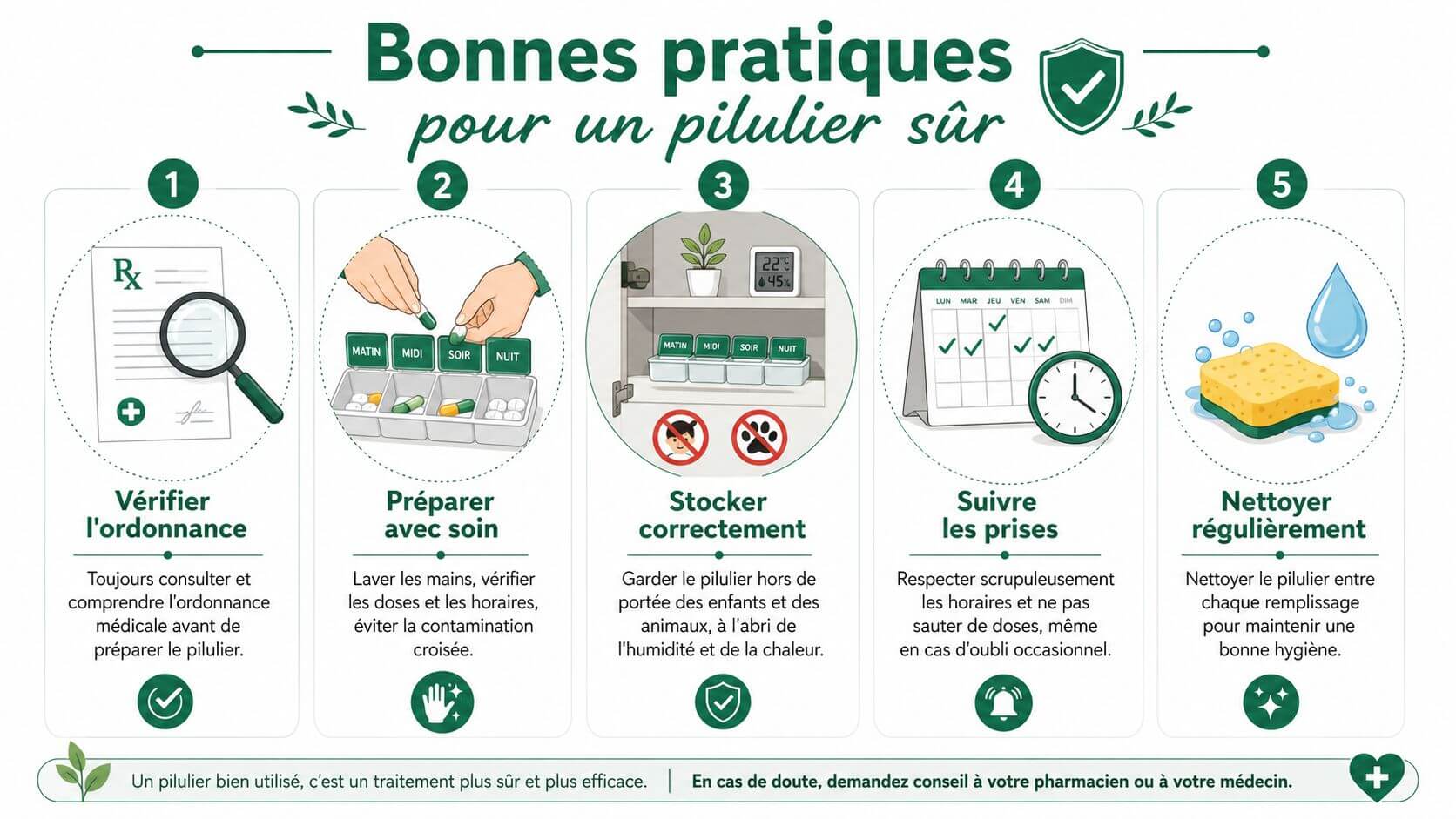 Infographic illustrating five best practices to use a pill organiser safely for your medication on a daily basis.