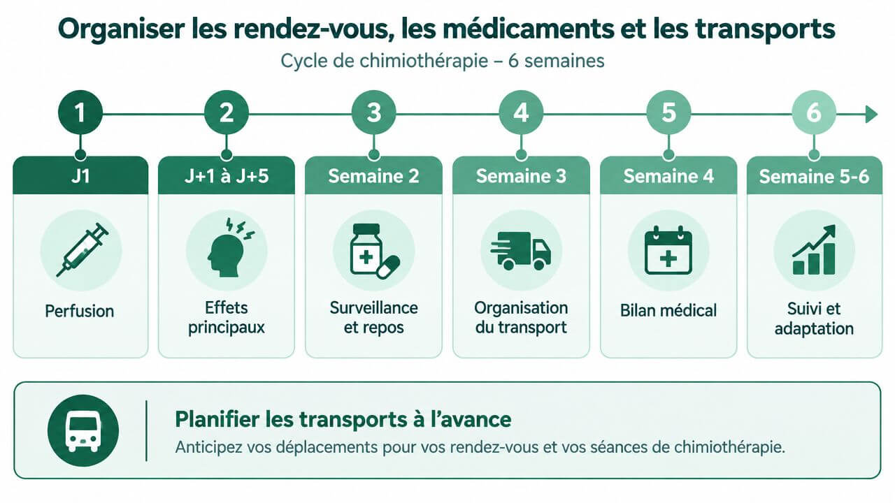 A graph illustrating the six key steps to organize healthcare, medicines and transport in chemotherapy.