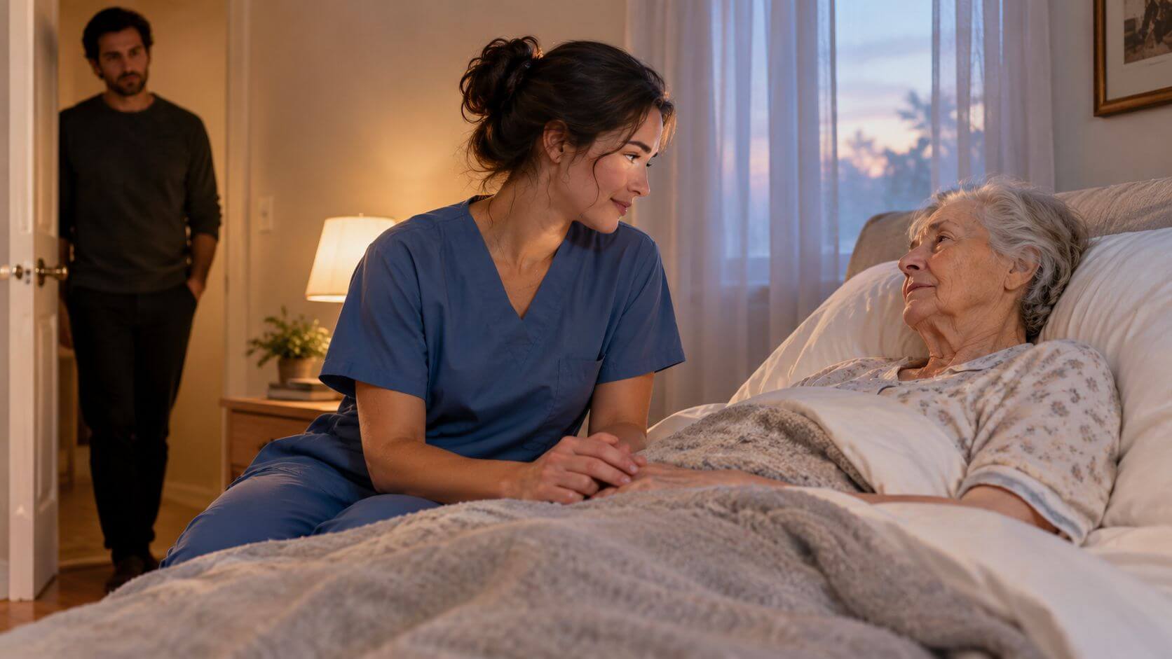 A reassuring caregiver holding the hand of an elderly bedridden woman while her husband is watching from the entrance.