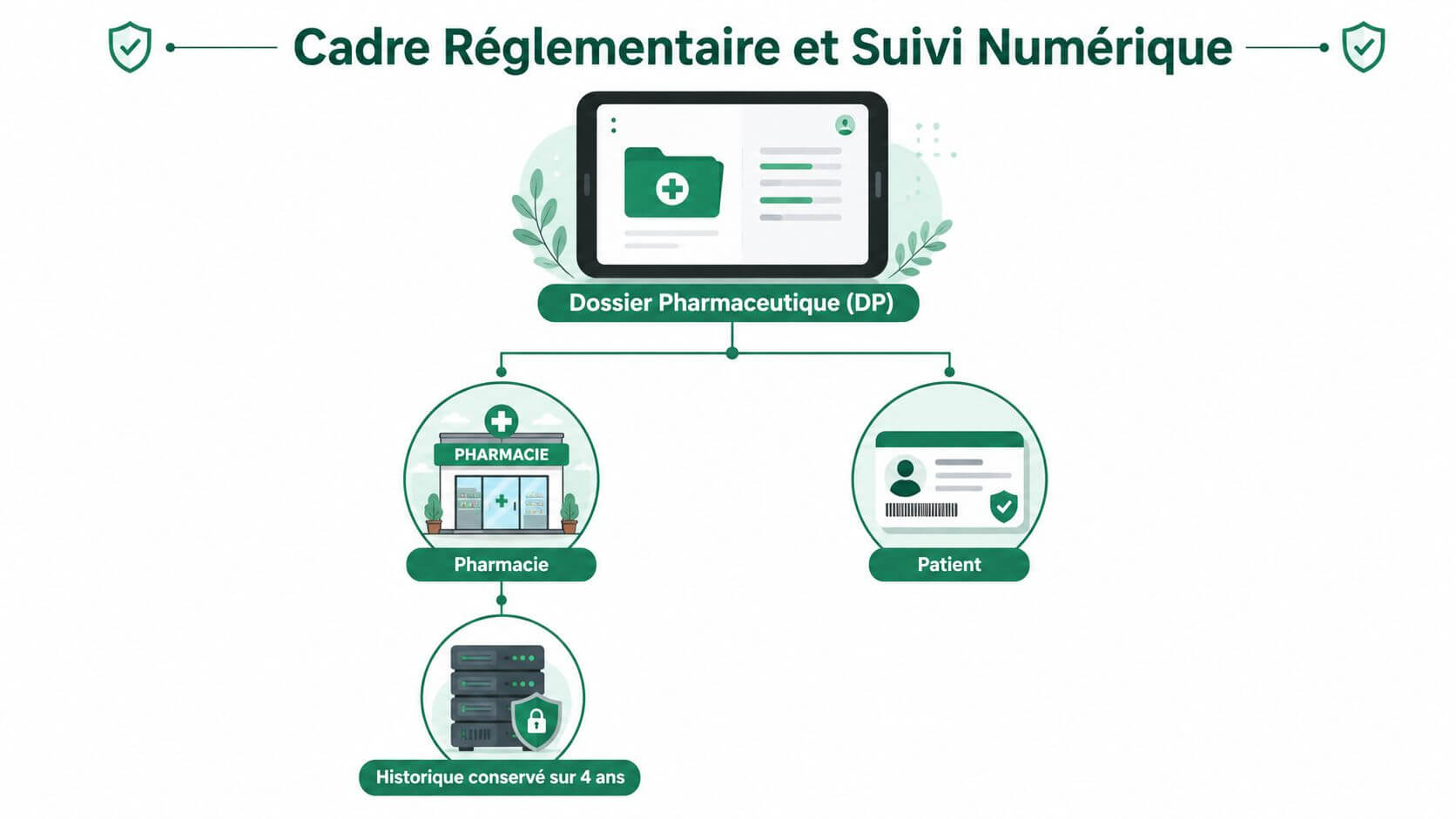 A diagram illustrating the regulatory framework and numerical monitoring of the pharmaceutical dossier, including pharmacies and patients.