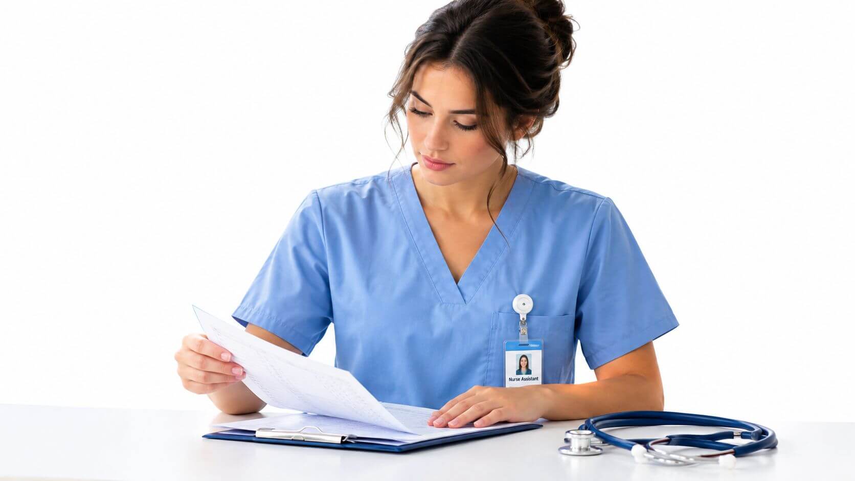 A caretaker wearing a blue coat carefully reviews medical documents placed on his desk.