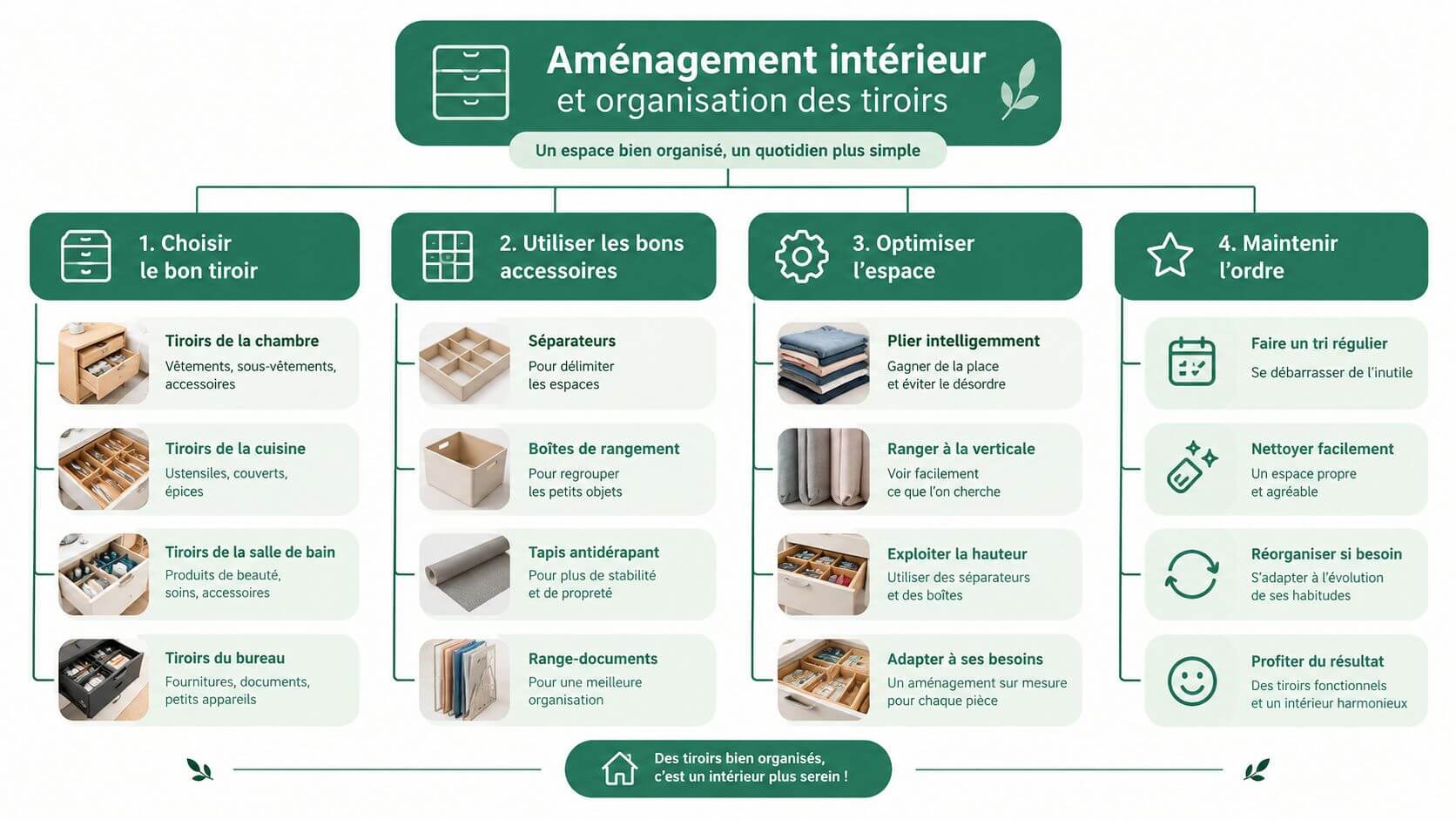 Infographic illustrating the steps for efficient interior design and better organization of your drawers.