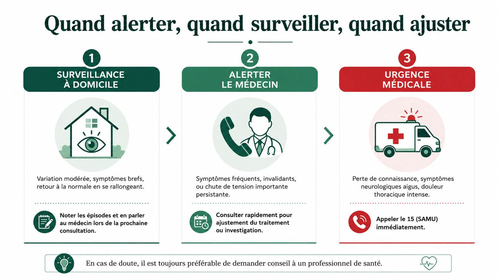 Medical infographic indicating when to monitor, alert the doctor or call the emergency for health symptoms.
