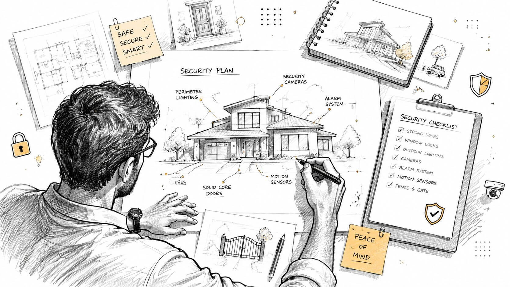 A man draws a residential security plan with cameras and a detailed checklist.