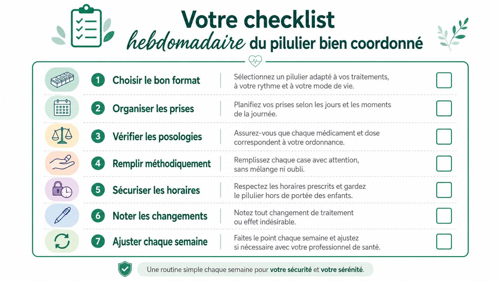An illustrated checklist to organize a weekly stacker in a secure and methodical way on a daily basis.
