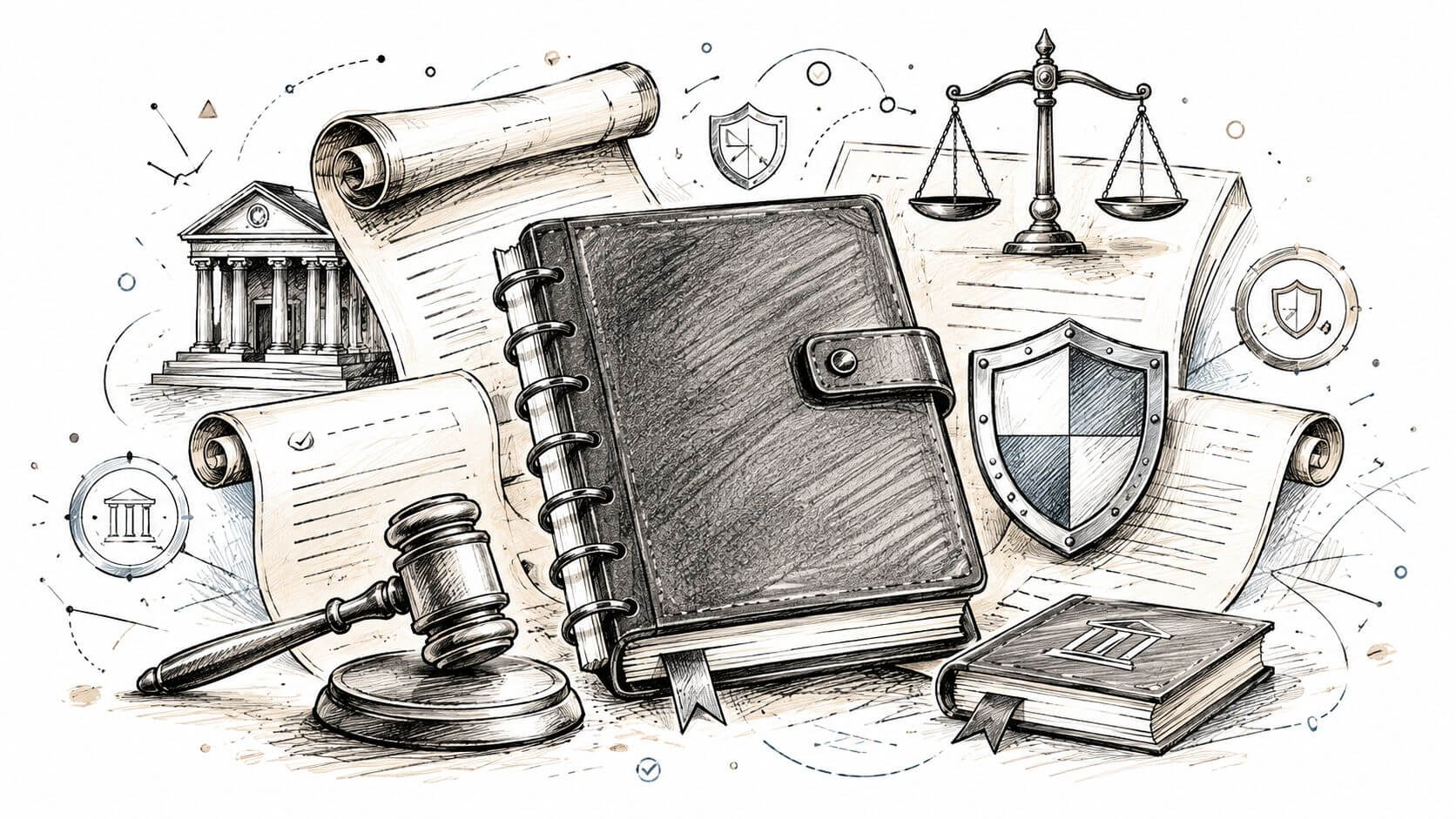 An artistic illustration showing a law journal with a hammer, documents and a judicial balance.