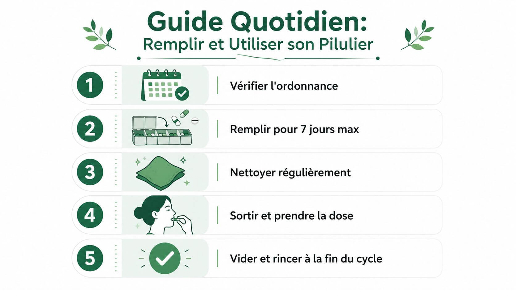 A five-step illustrated guide to properly complete and use a weekly stacker for its medications.