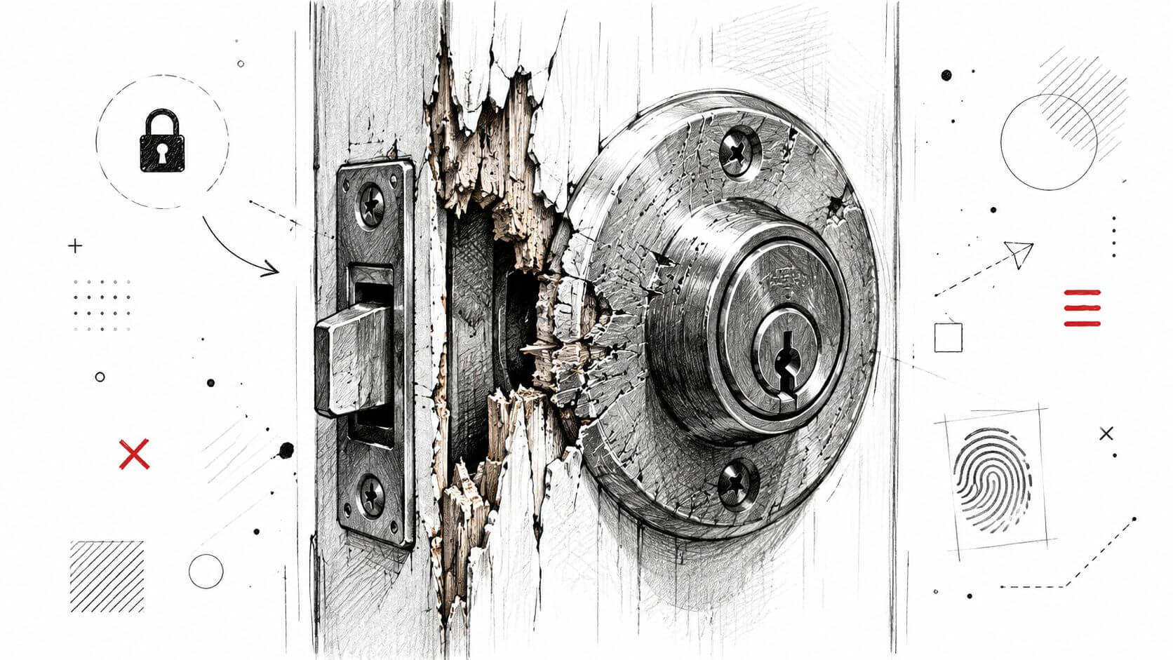 A wooden door damaged and forced around a lock, illustrating a break-in and insurance situation.