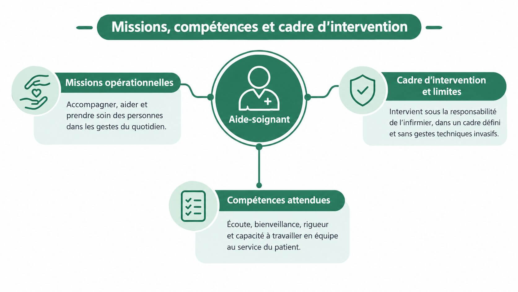 Infographic summarizing the missions, skills and intervention framework of the medical care profession.