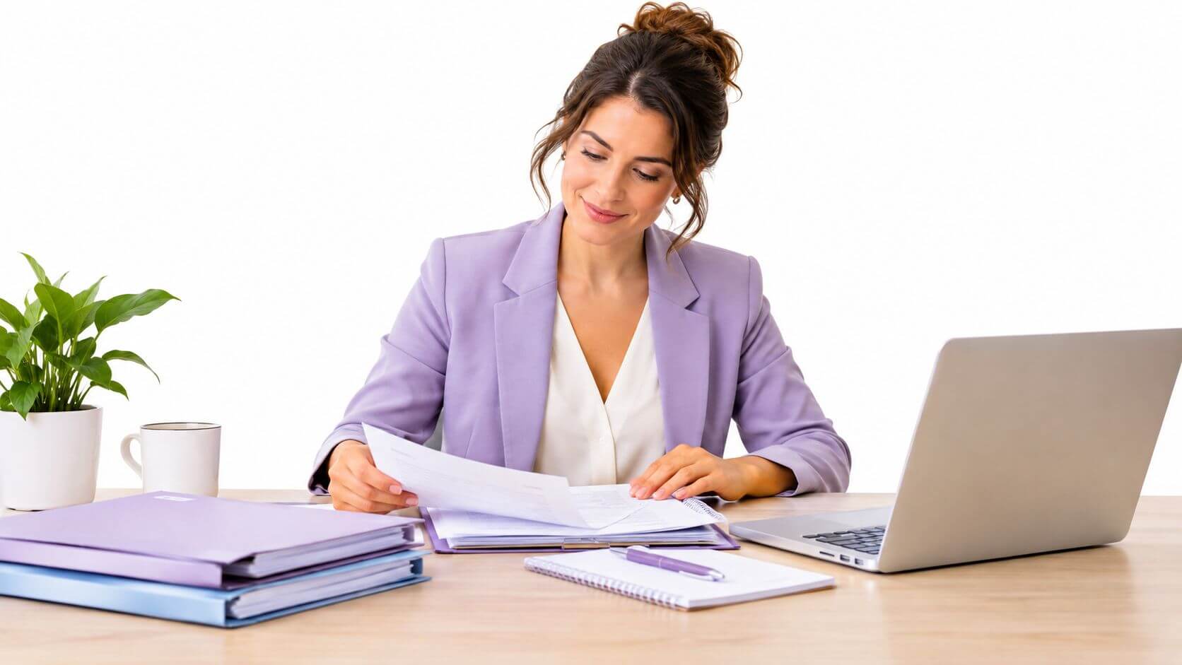A smiling businesswoman works on administrative documents at her office with a laptop.