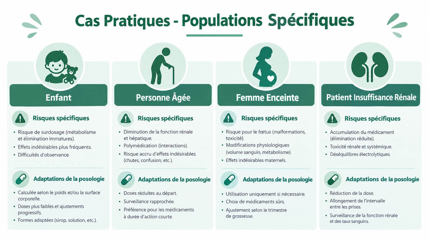 Infographic summarizing the necessary dosage adjustments for four specific populations: children, the elderly, pregnant women and patients with renal impairment.