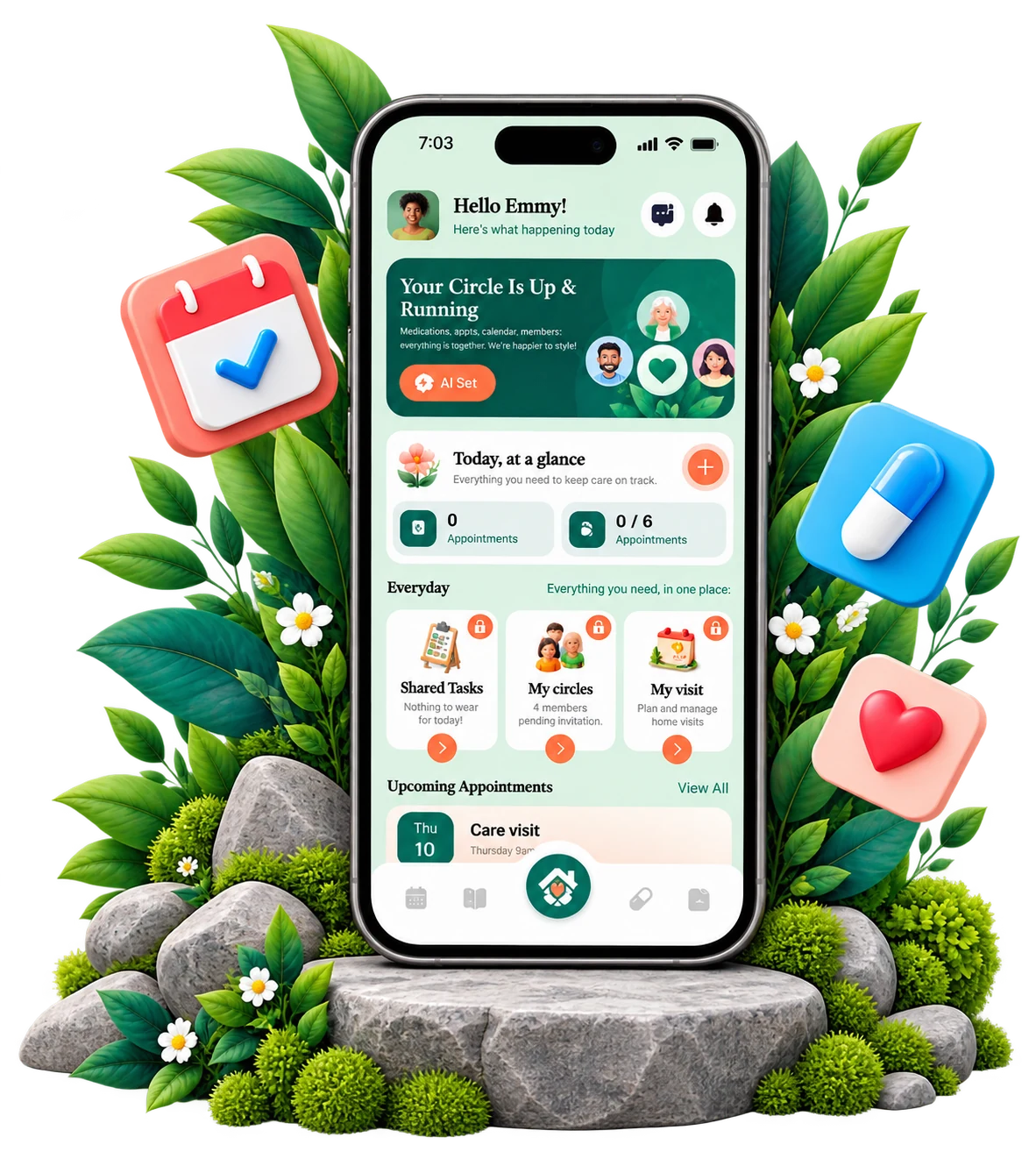 Tribulys sur téléphone, entouré de feuillage et de symboles du calendrier, des médicaments et du soin.