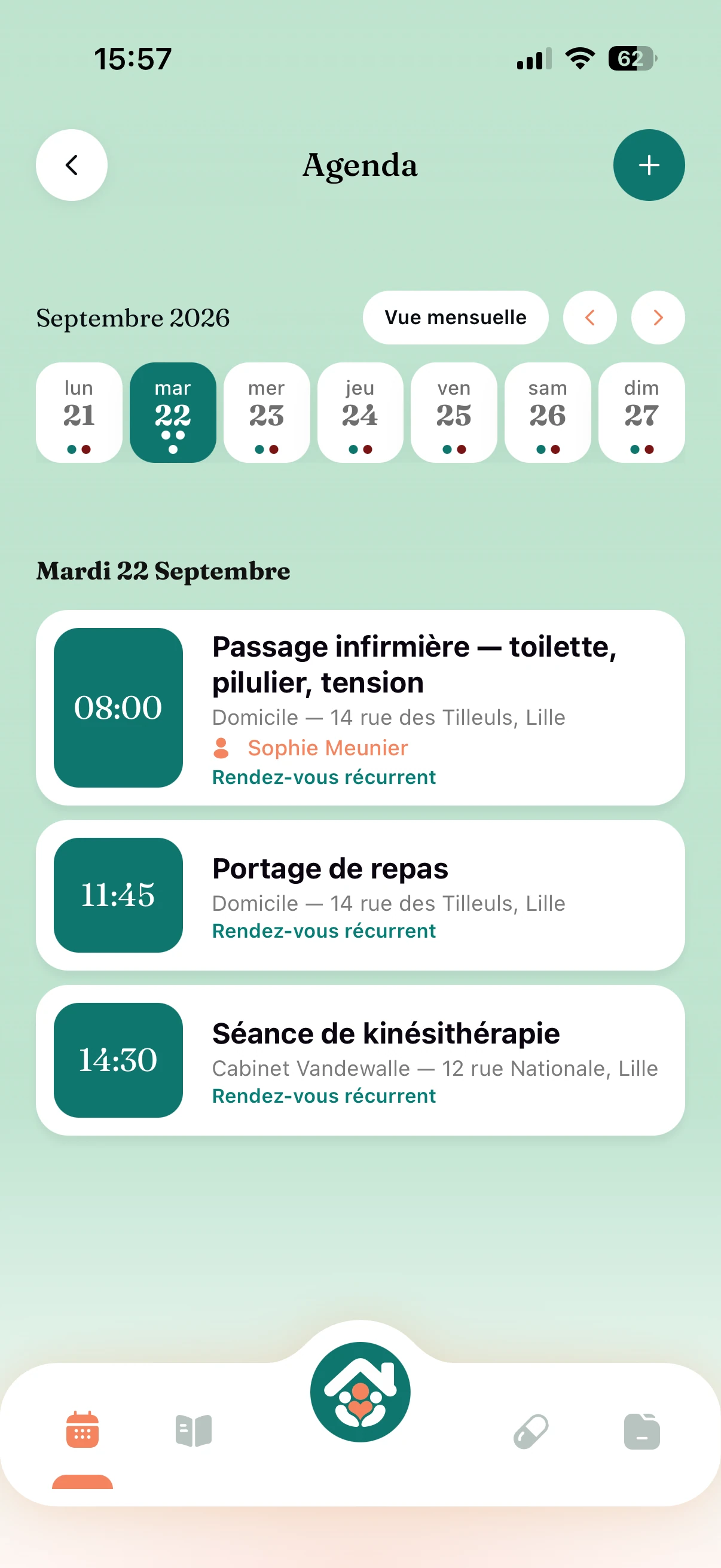 Agenda partagé Tribulys : passage infirmière, portage de repas et séance de kinésithérapie pour le mardi 22 septembre