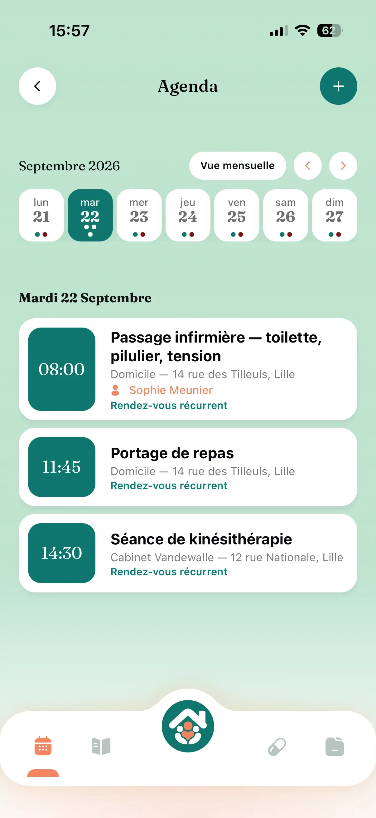 Agenda partagé Tribulys : mardi 22 septembre avec passage infirmière, portage de repas et séance de kinésithérapie, rendez-vous récurrents