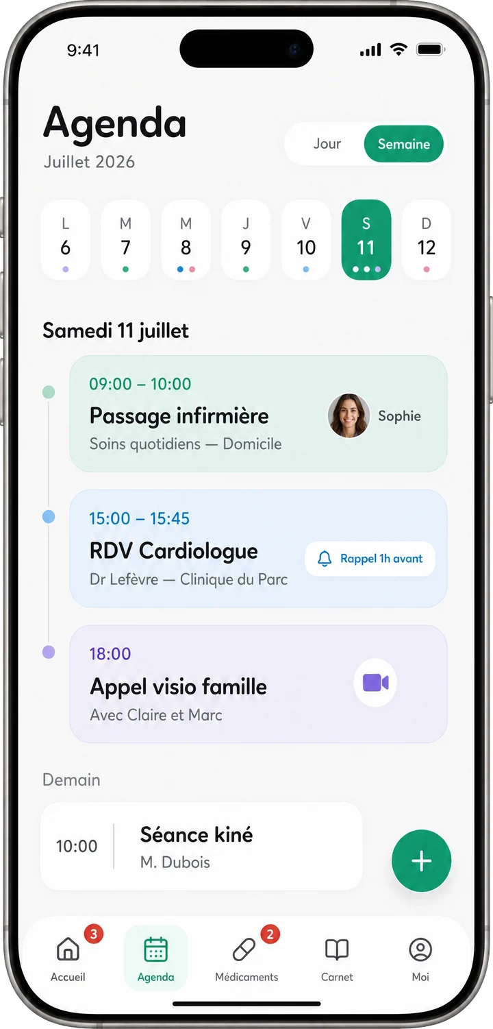 Agenda partagé Tribulys : passage infirmière, RDV cardiologue et appel visio famille pour le samedi 11 juillet