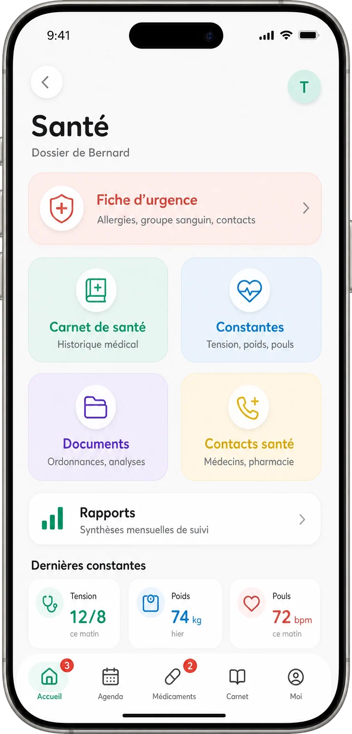 Espace santé Tribulys : fiche d'urgence, carnet, constantes, documents et rapports, avec dernières mesures de suivi