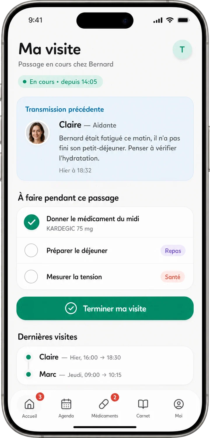 Ma visite Tribulys : passage en cours chez Bernard, transmission précédente, gestes à faire et bouton terminer ma visite