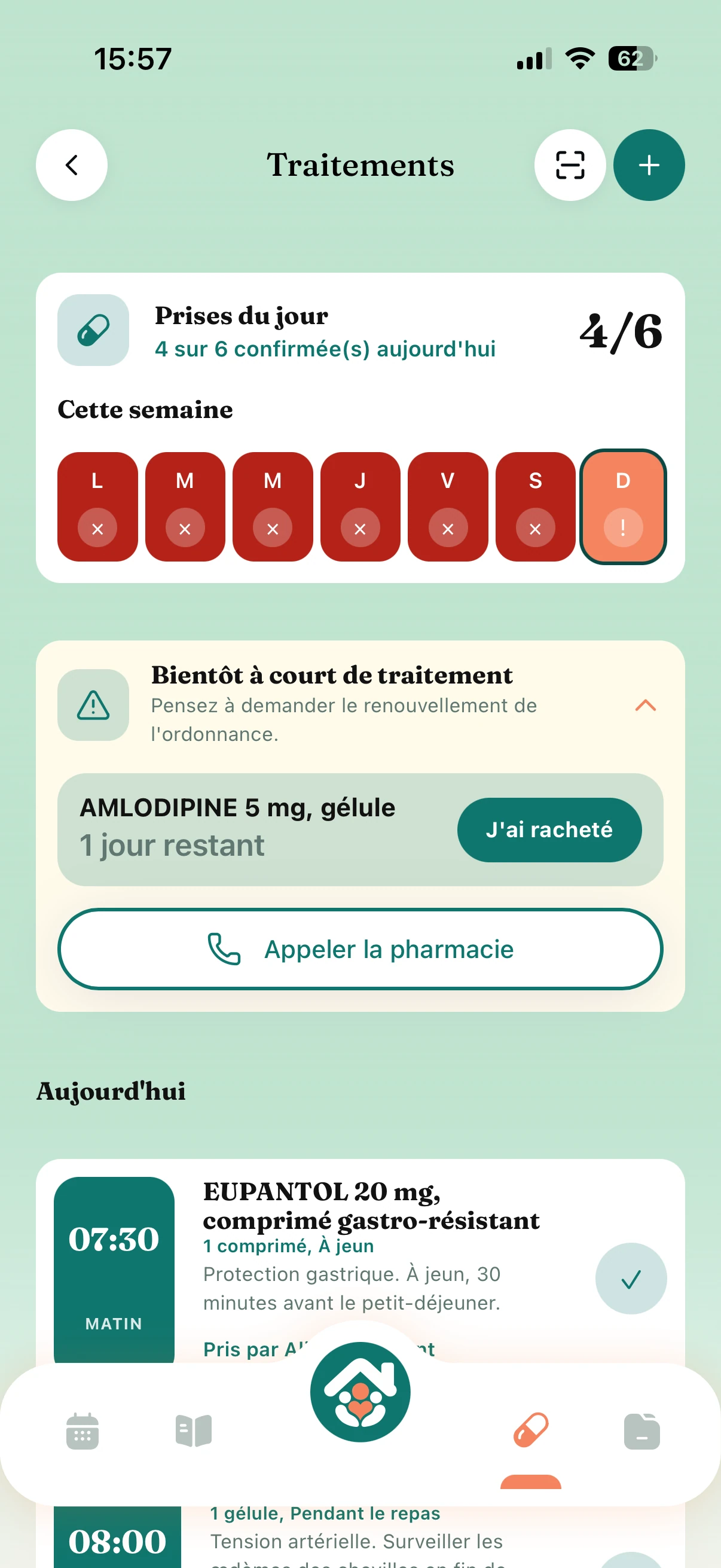Traitements Tribulys : 4 prises sur 6 confirmées aujourd'hui et alerte de renouvellement d'ordonnance