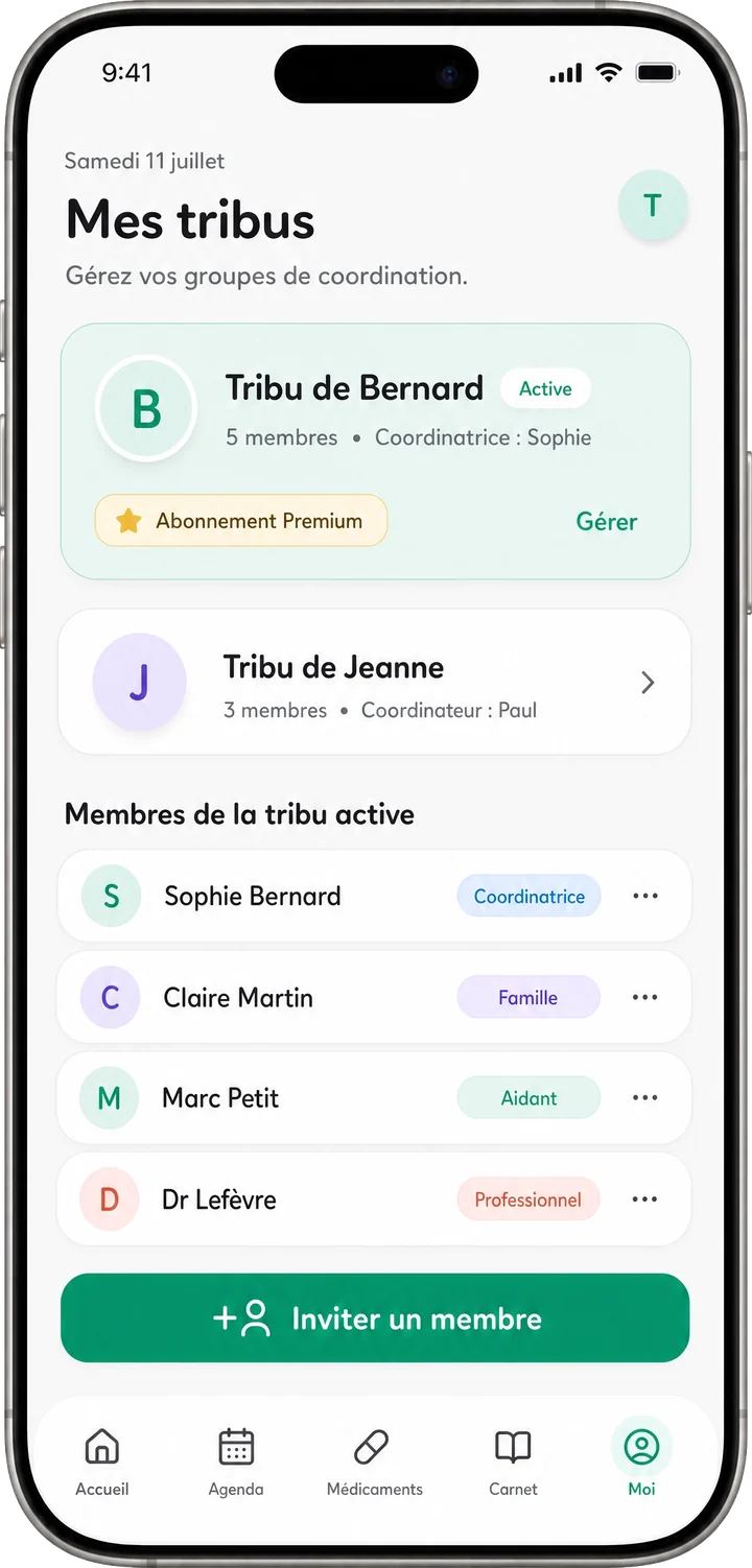 Mes tribus Tribulys : la tribu de Bernard, ses membres famille, aidant et professionnel, et le bouton inviter