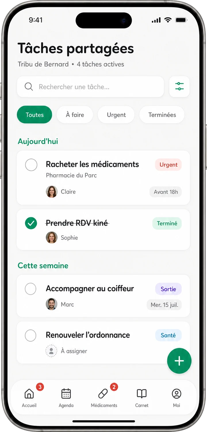 Tâches partagées Tribulys : racheter les médicaments assigné à Claire, prendre RDV kiné terminé, accompagner au coiffeur