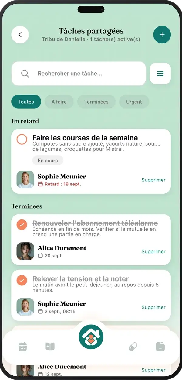 Tâches partagées Tribulys : faire les courses assigné à Sophie Meunier en retard, téléalarme et tension déjà terminées